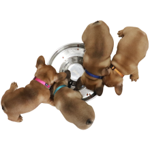 Fire brunde franske bulldoghvalpe spiser mad fra samme skål